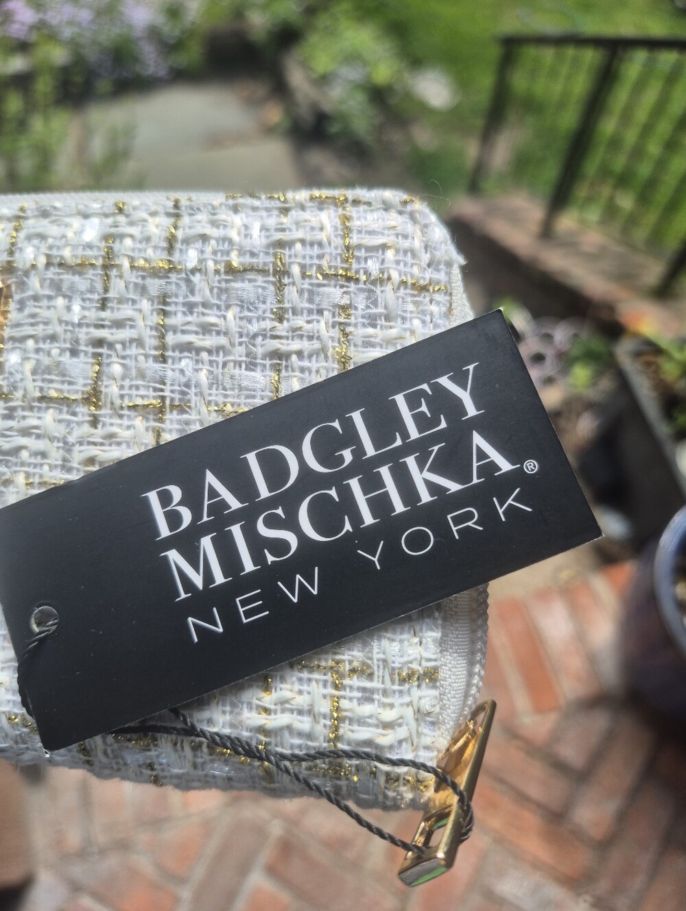Badgley Mischka White Tweed Clutch with Gold Accents